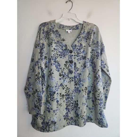 J.Jill Women Gray w/Blue Floral Print Henley Cotton Blend Knit Blouse size Large - Picture 1 of 7